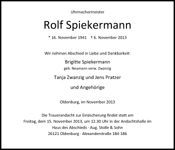Traueranzeige von Rolf Spiekermann von Nordwest-Zeitung