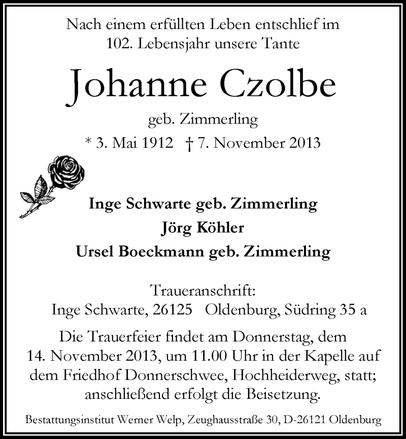 Traueranzeige für Johanne Czolbe vom 11.11.2013 aus Nordwest-Zeitung