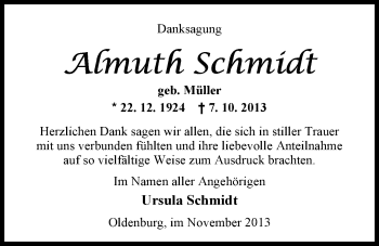 Traueranzeige von Almuth Schmidt von Nordwest-Zeitung