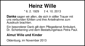 Traueranzeige von Heinz Wille von Nordwest-Zeitung