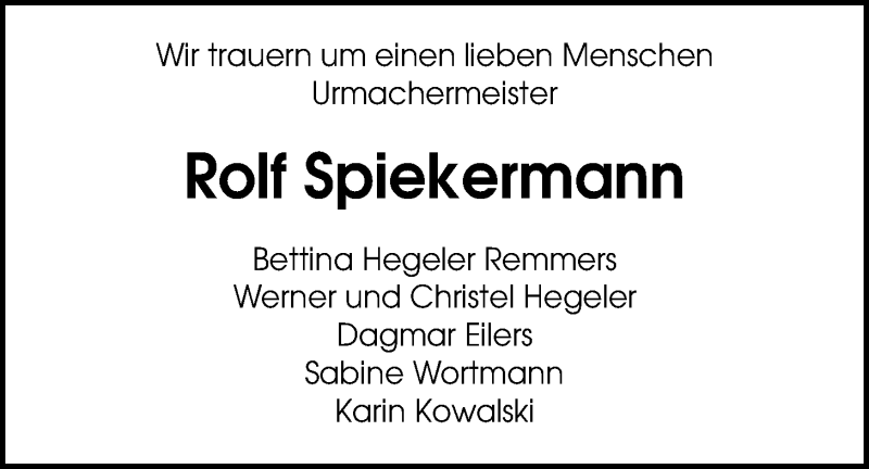  Traueranzeige für Rolf Spiekermann vom 12.11.2013 aus Nordwest-Zeitung