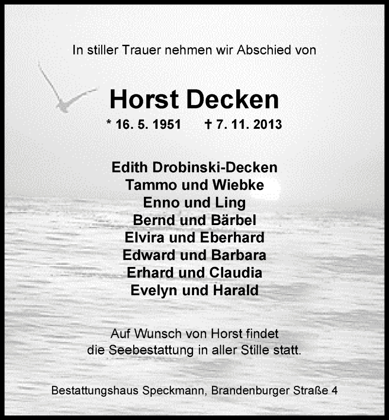  Traueranzeige für Horst Decken vom 12.11.2013 aus Nordwest-Zeitung