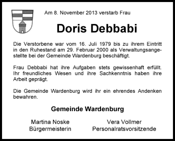 Traueranzeige von Doris Debbabi von Nordwest-Zeitung