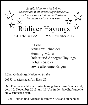 Traueranzeige von Rüdiger Hayungs von Nordwest-Zeitung