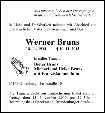 Traueranzeige von Werner Bruns von Nordwest-Zeitung