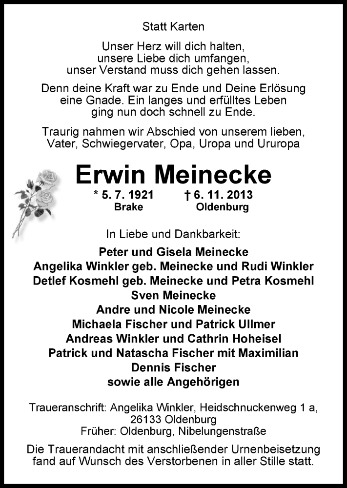  Traueranzeige für Erwin Meinecke vom 23.11.2013 aus Nordwest-Zeitung
