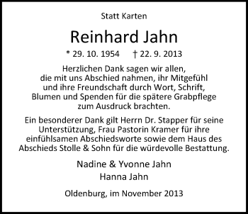 Traueranzeige von Reinhard Jahn von Nordwest-Zeitung