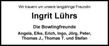 Traueranzeige von Ingrit Lührs von Nordwest-Zeitung
