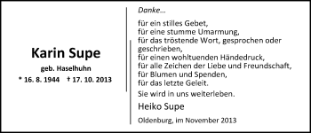 Traueranzeige von Karin Supe von Nordwest-Zeitung