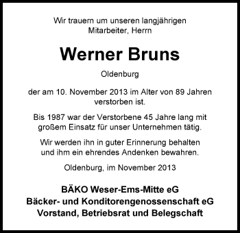 Traueranzeige von Werner Bruns von Nordwest-Zeitung