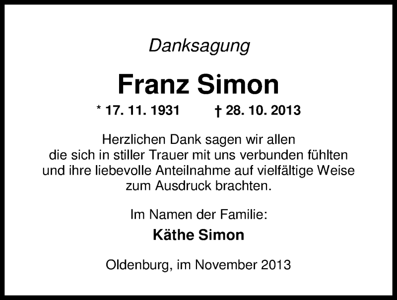  Traueranzeige für Franz Simon vom 16.11.2013 aus Nordwest-Zeitung