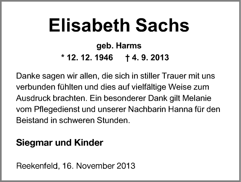  Traueranzeige für Elisabeth Sachs vom 16.11.2013 aus Nordwest-Zeitung