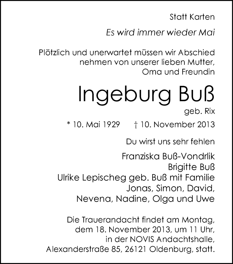  Traueranzeige für Ingeburg Buß vom 14.11.2013 aus Nordwest-Zeitung