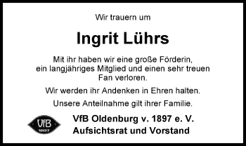 Traueranzeige von Ingrit Lührs von Nordwest-Zeitung