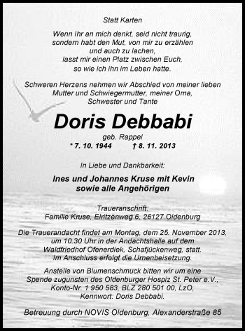 Traueranzeige von Doris Debbabi von Nordwest-Zeitung