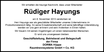 Traueranzeige von Rüdiger Hayungs von Nordwest-Zeitung