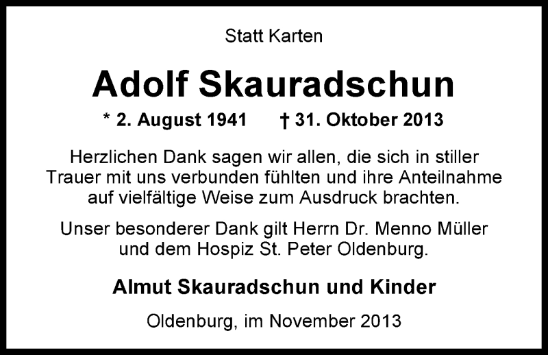  Traueranzeige für Adolf Skauradschun vom 23.11.2013 aus Nordwest-Zeitung