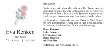 Traueranzeige von Eva Renken von Nordwest-Zeitung