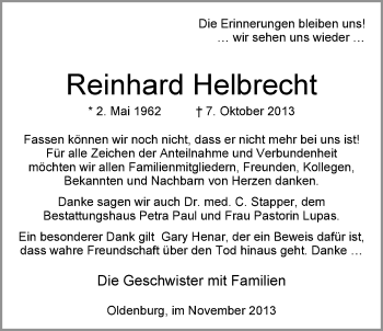 Traueranzeige von Reinhard Helbrecht von Nordwest-Zeitung
