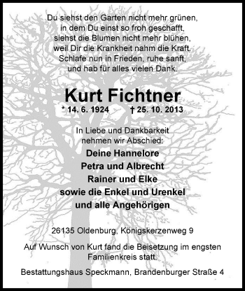 Traueranzeige von Kurt Fichtner von Nordwest-Zeitung