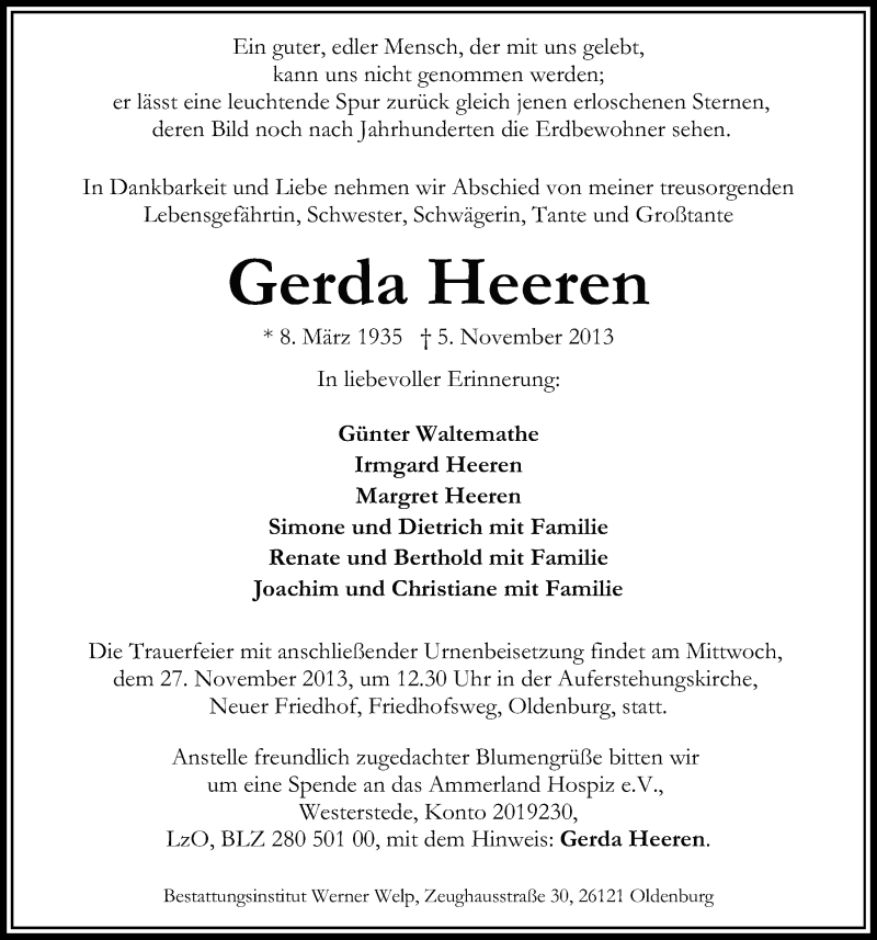  Traueranzeige für Gerda Heeren vom 19.11.2013 aus Nordwest-Zeitung