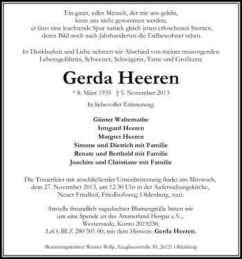 Traueranzeige von Gerda Heeren von Nordwest-Zeitung
