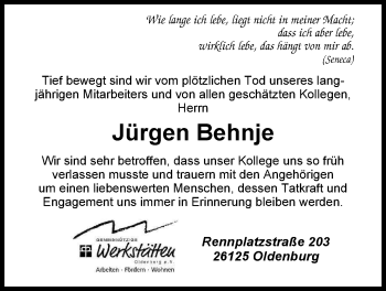 Traueranzeige von Jürgen Behnje von Nordwest-Zeitung