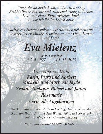 Traueranzeige von Eva Mielenz von Nordwest-Zeitung