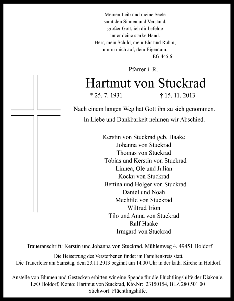  Traueranzeige für Hartmut von Stuckrad vom 19.11.2013 aus Nordwest-Zeitung