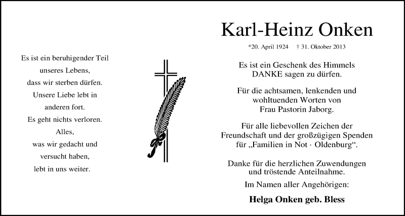  Traueranzeige für Karl-Heinz Onken vom 23.11.2013 aus Nordwest-Zeitung