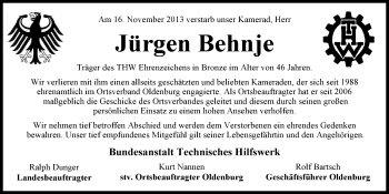 Traueranzeige von Jürgen Behnje von Nordwest-Zeitung