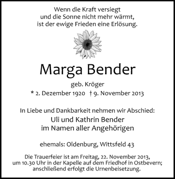 Traueranzeige von Marga Bender von Nordwest-Zeitung