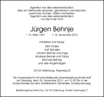 Traueranzeige von Jürgen Behnje von Nordwest-Zeitung