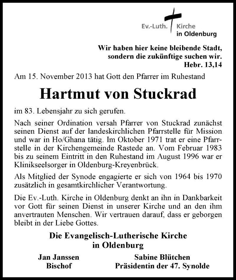  Traueranzeige für Hartmut von Stuckrad vom 20.11.2013 aus Nordwest-Zeitung