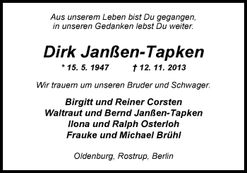 Traueranzeige von Dirk Janßen-Tapken von Nordwest-Zeitung