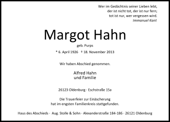 Traueranzeige von Margot Hahn von Nordwest-Zeitung