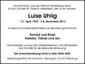 Traueranzeige von Luise Uhlig von Nordwest-Zeitung