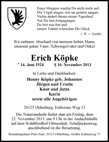 Traueranzeige von Erich Köpke von Nordwest-Zeitung