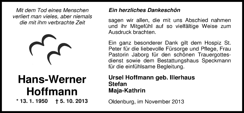  Traueranzeige für Hans-Werner Hoffmann vom 20.11.2013 aus Nordwest-Zeitung