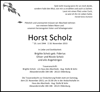 Traueranzeige von Horst Scholz von Nordwest-Zeitung