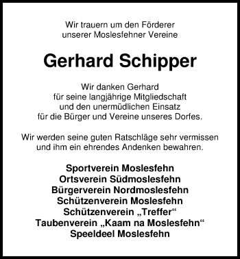 Traueranzeige von Gerhard Schipper von Nordwest-Zeitung