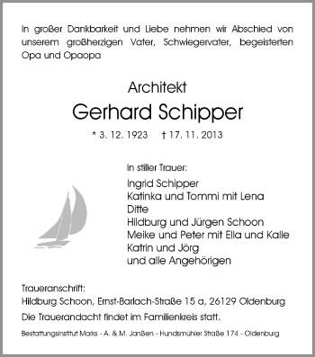 Traueranzeige von Gerhard Schipper von Nordwest-Zeitung