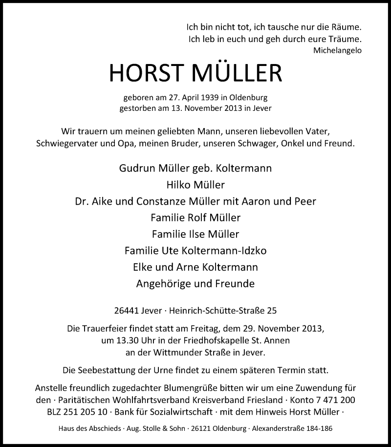  Traueranzeige für Horst  Müller  vom 26.11.2013 aus Nordwest-Zeitung