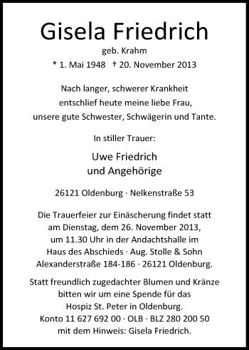 Traueranzeige von Gisela Friedrich von Nordwest-Zeitung
