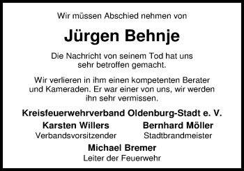 Traueranzeige von Jürgen Behnje von Nordwest-Zeitung