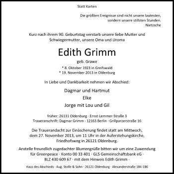 Traueranzeige von Edith Grimm von Nordwest-Zeitung