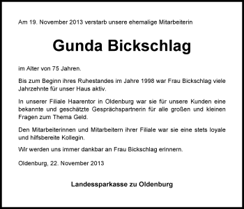 Traueranzeige von Gunda Bickschlag von Nordwest-Zeitung