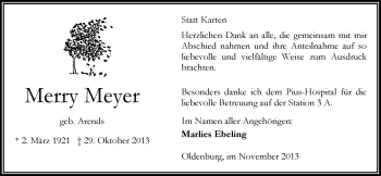Traueranzeige von Merry Meyer von Nordwest-Zeitung