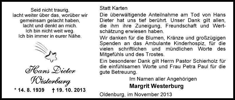  Traueranzeige für Hans Dieter Westerburg vom 30.11.2013 aus Nordwest-Zeitung