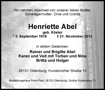 Traueranzeige von Henriette Abel von Nordwest-Zeitung